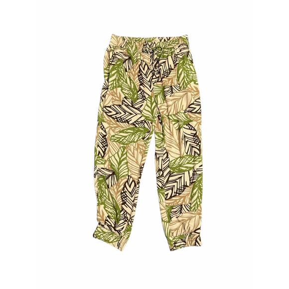United Colors of Benetton Green Beige Leaf Print Wide Leg Ankle Pants - Picture 1 of 8